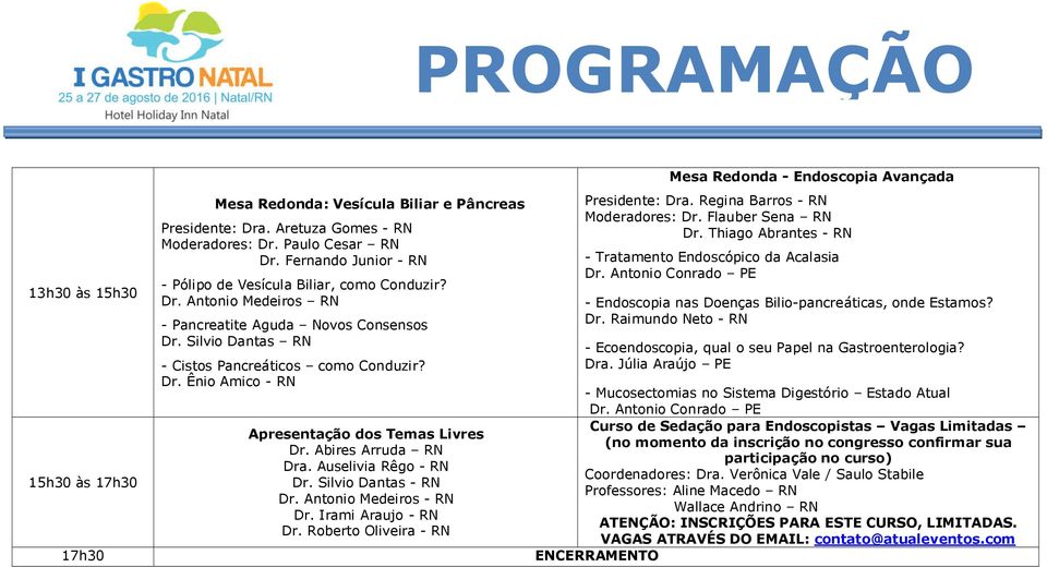 Abires Arruda RN Dra. Auselivia Rêgo - RN Dr. Silvio Dantas - RN Dr. Antonio Medeiros - RN Dr. Irami Araujo - RN Dr. Roberto Oliveira - RN Mesa Redonda - Endoscopia Avançada Presidente: Dra.
