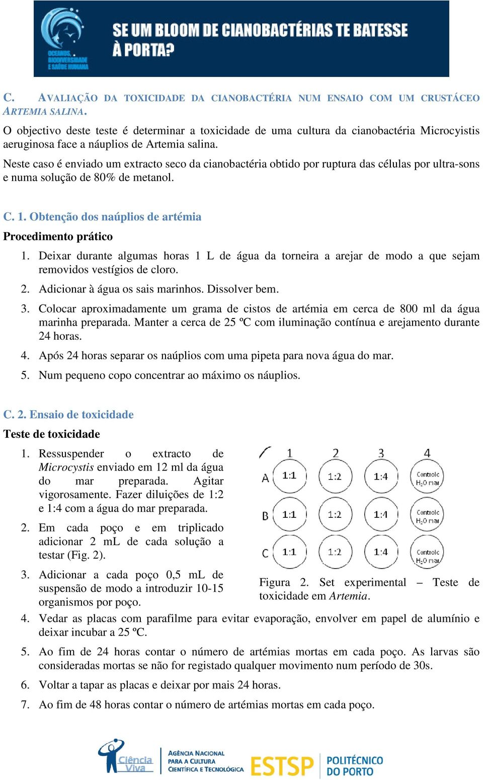 Neste caso é enviado um extracto seco da cianobactéria obtido por ruptura das células por ultra-sons e numa solução de 80% de metanol. C. 1. Obtenção dos naúplios de artémia 1.