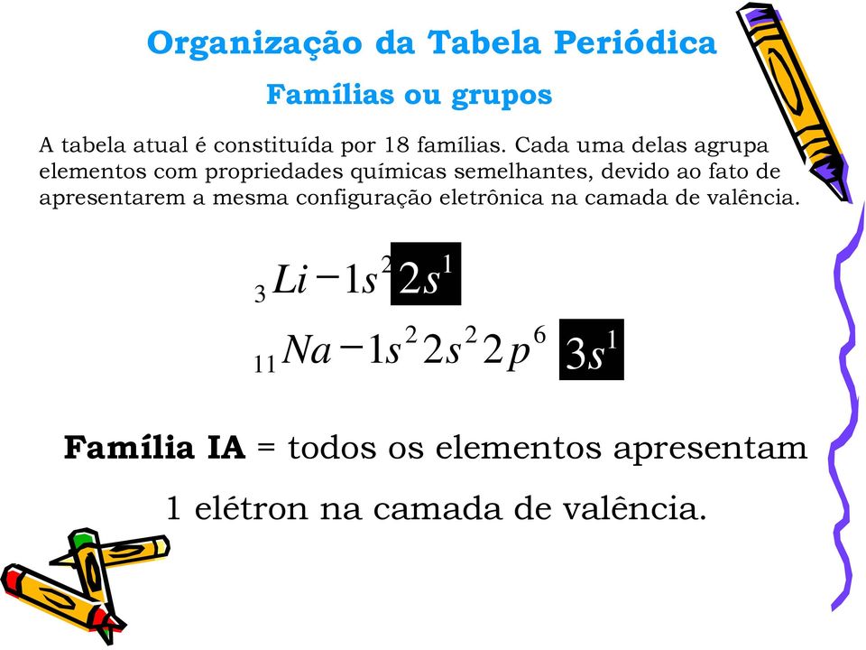 Cada uma delas agrupa elementos com propriedades químicas semelhantes, devido ao fato de