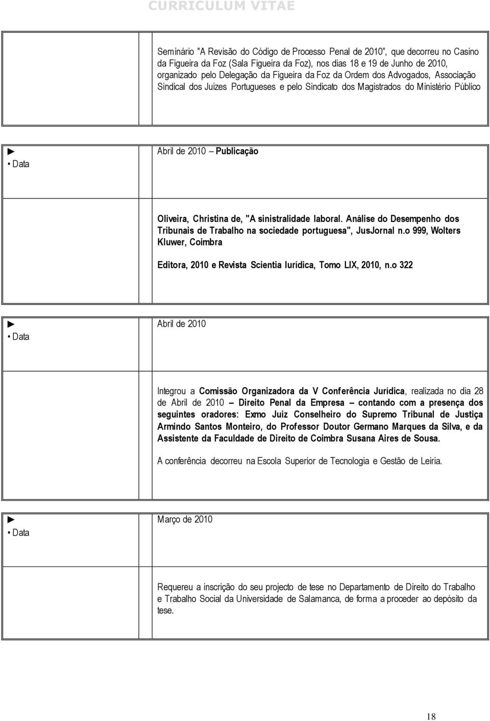 laboral. Análise do Desempenho dos Tribunais de Trabalho na sociedade portuguesa", JusJornal n.o 999, Wolters Kluwer, Coimbra Editora, 2010 e Revista Scientia Iurídica, Tomo LIX, 2010, n.