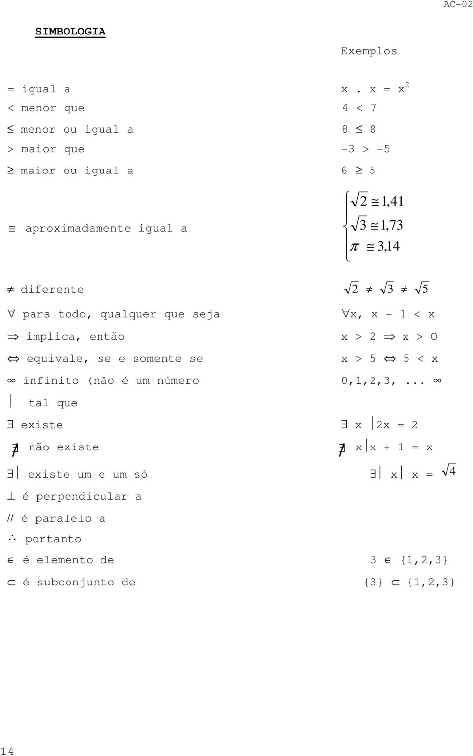 diferente 5 pr todo, qulquer que sej, - < implic, então > > O equivle, se e somente se > 5 5