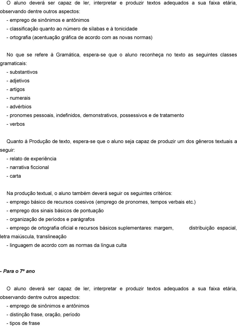 substantivos - adjetivos - artigos - numerais - advérbios - pronomes pessoais, indefinidos, demonstrativos, possessivos e de tratamento - verbos Quanto à Produção de texto, espera-se que o aluno seja