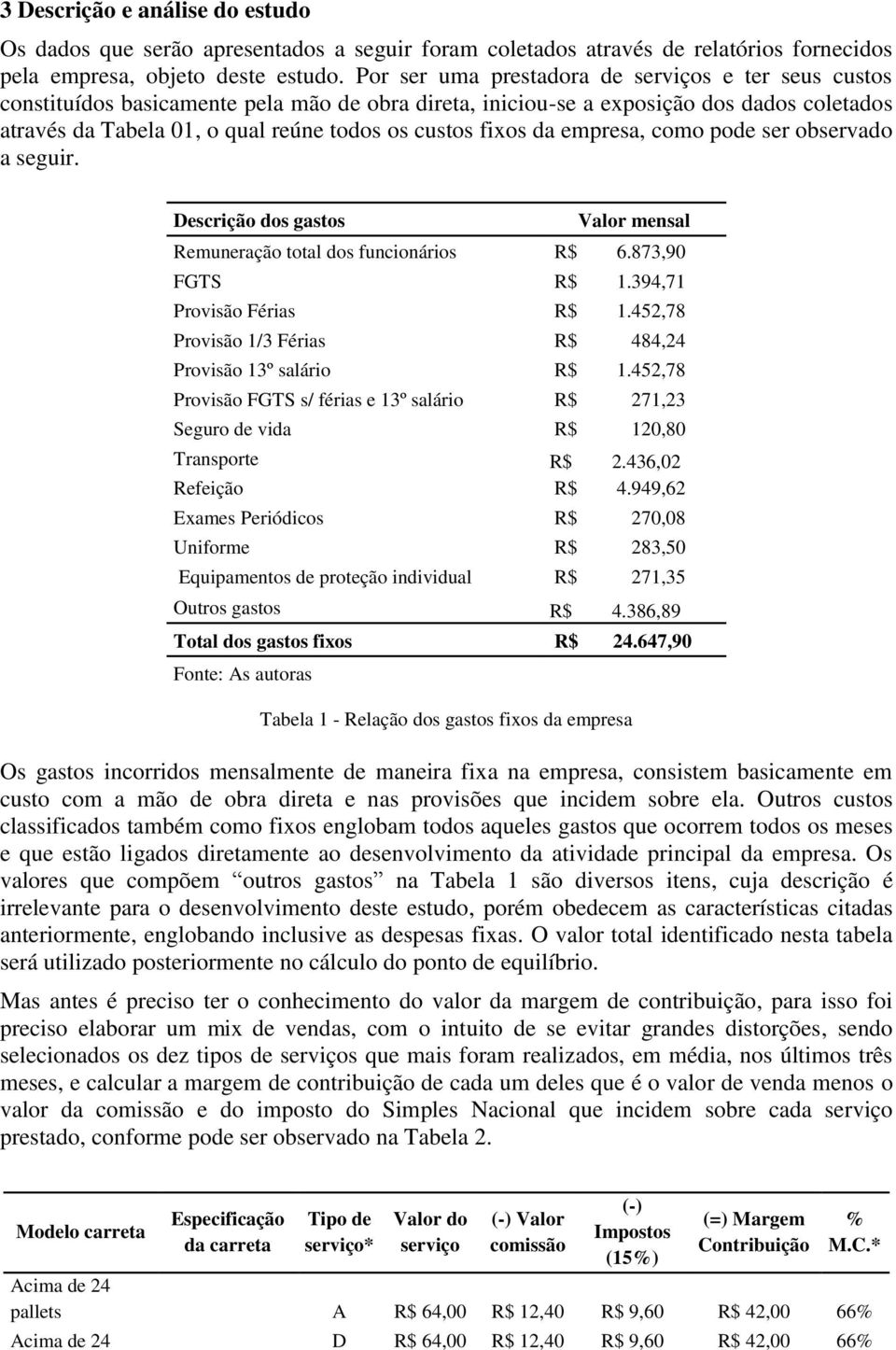 fixos da empresa, como pode ser observado a seguir. Descrição dos gastos Tabela 1 - Relação dos gastos fixos da empresa Valor mensal Remuneração total dos funcionários R$ 6.873,90 FGTS R$ 1.