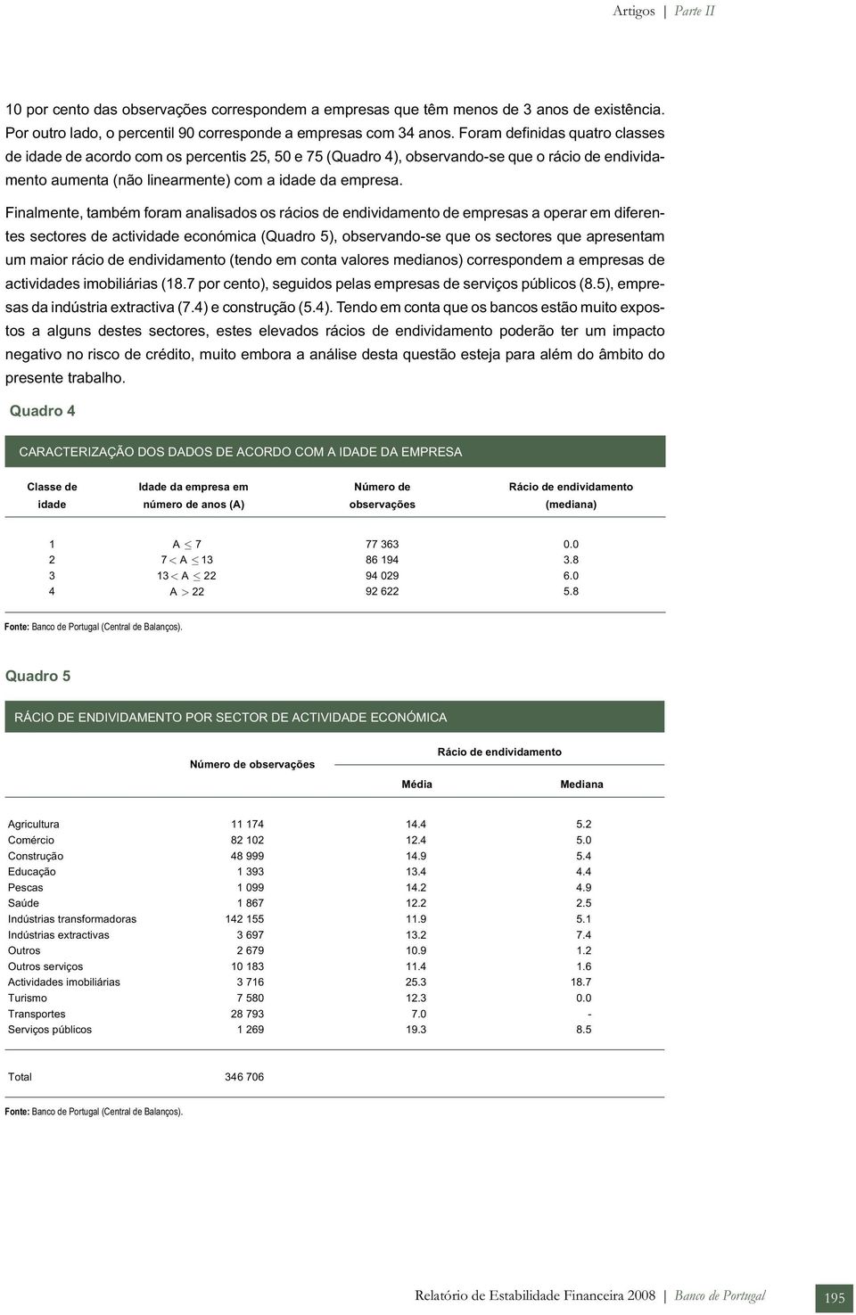 Finalmente, também foram analisados os rácios de endividamento de empresas a operar em diferentes sectores de actividade económica (Quadro 5), observando-se que os sectores que apresentam um maior