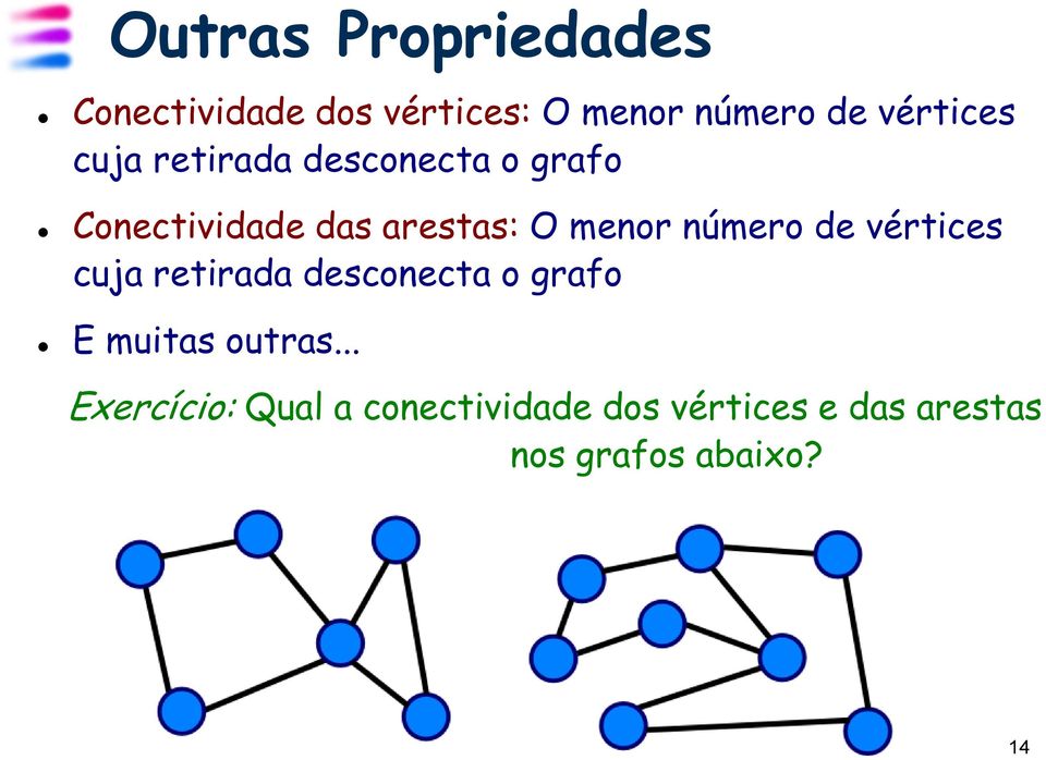 menor número de vértices cuja retirada desconecta o grafo E muitas outras.