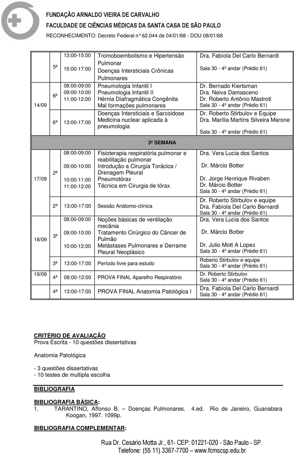 Marília Martins Silveira Marone 3º SEMANA 17/09 18/09 19/09 10:00-11:00 Fisioterapia respiratória pulmonar e reabilitação pulmonar Introdução a Cirurgia Torácica / Drenagem Pleural Pneumotórax