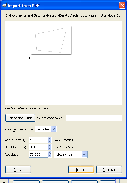 Passo 10 Importação do PDF no GIMP Na aplicação GIMP proceda à importação do ficheiro base_rectificacao.pdf.