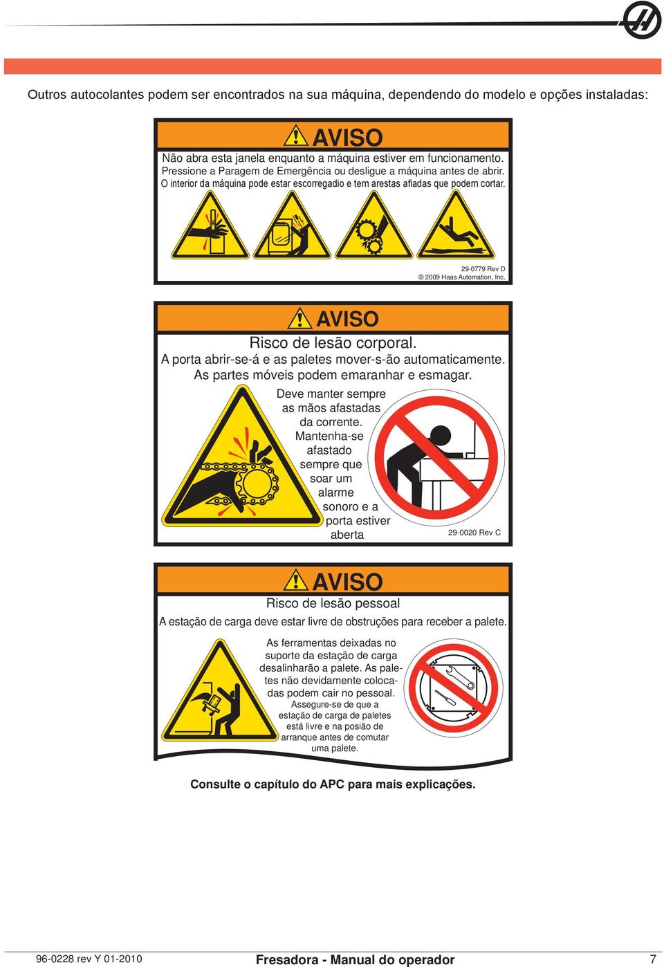 AVISO Risco de lesão corporal. A porta abrir-se-á e as paletes mover-s-ão automaticamente. As partes móveis podem emaranhar e esmagar. Deve manter sempre as mãos afastadas da corrente.