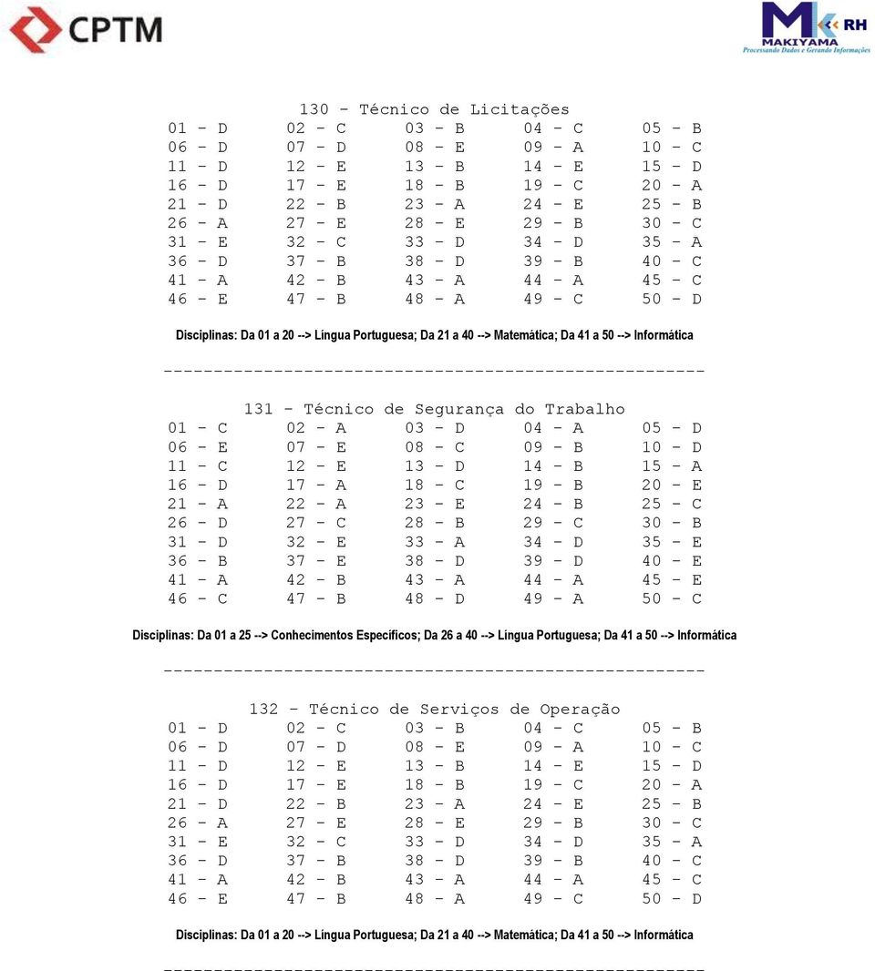 20 --> Língua Portuguesa; Da 21 a 40 --> Matemática; Da 41 a 50 --> Informática 131 - Técnico de Segurança do Trabalho 01 - C 02 - A 03 - D 04 - A 05 - D 06 - E 07 - E 08 - C 09 - B 10 - D 11 - C 12