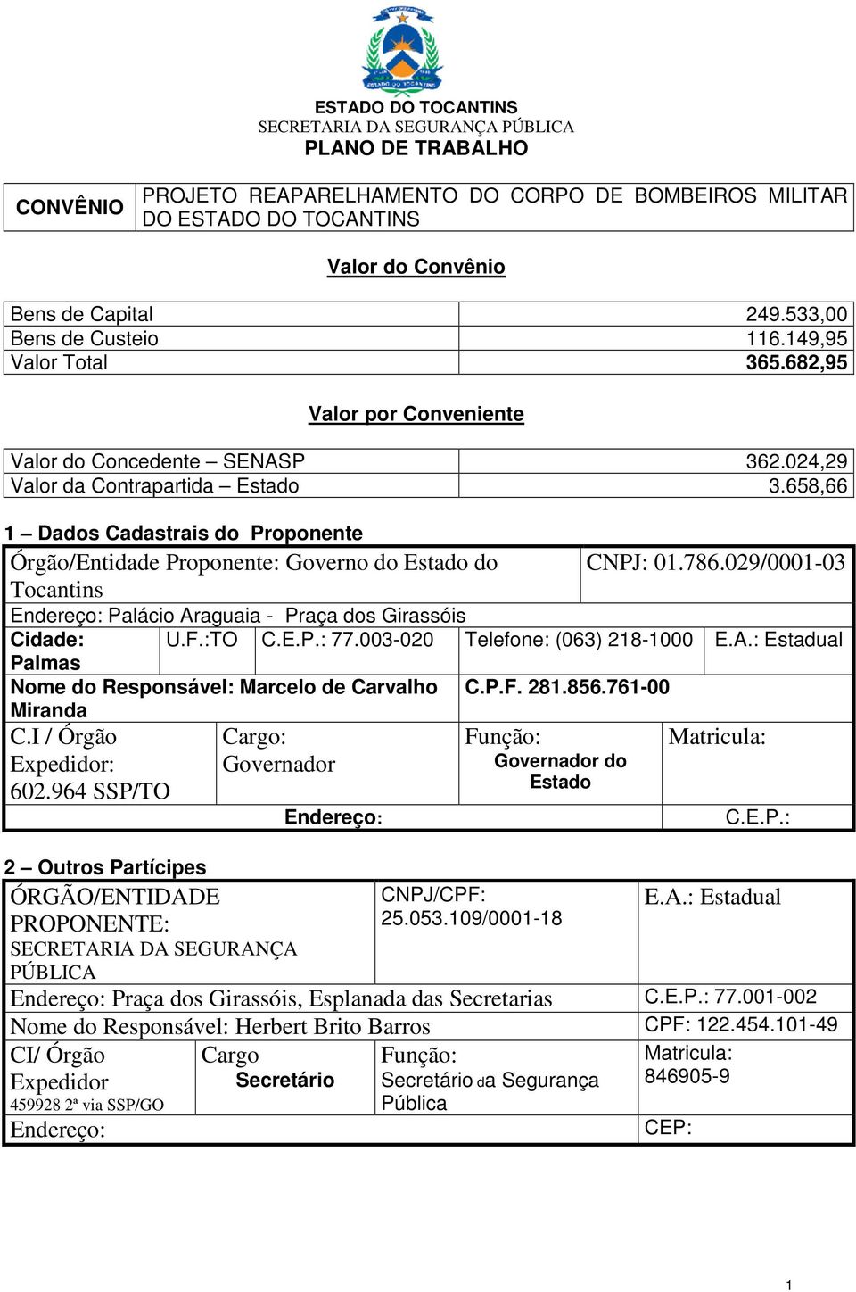 658,66 1 Dados Cadastrais do Proponente Órgão/Entidade Proponente: Governo do Estado do Tocantins C.I / Órgão Expedidor: 602.964 SSP/TO CNPJ: 01.786.