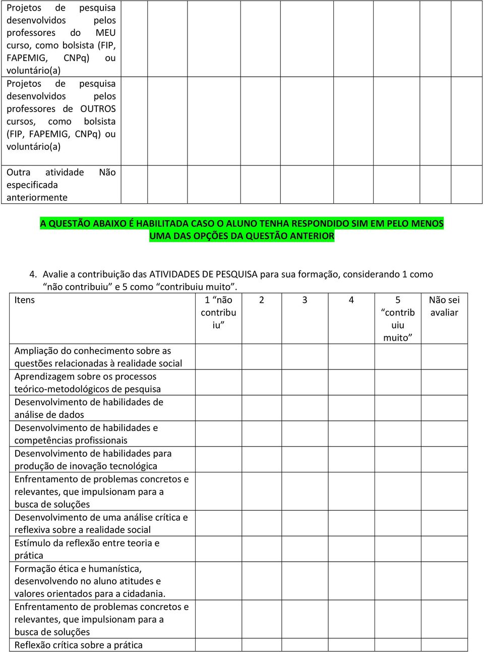 Avalie a ição das ATIVIDADES DE PESQUISA para sua formação, considerando 1 como e 5 como iu.