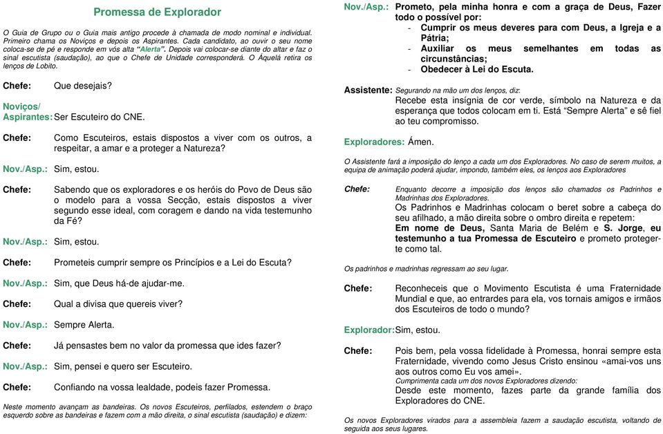 O Áquelá retira os lenços de Lobito. Que desejais? Noviços/ Aspirantes: Ser Escuteiro do CNE. Nov./Asp.: Sim, estou.