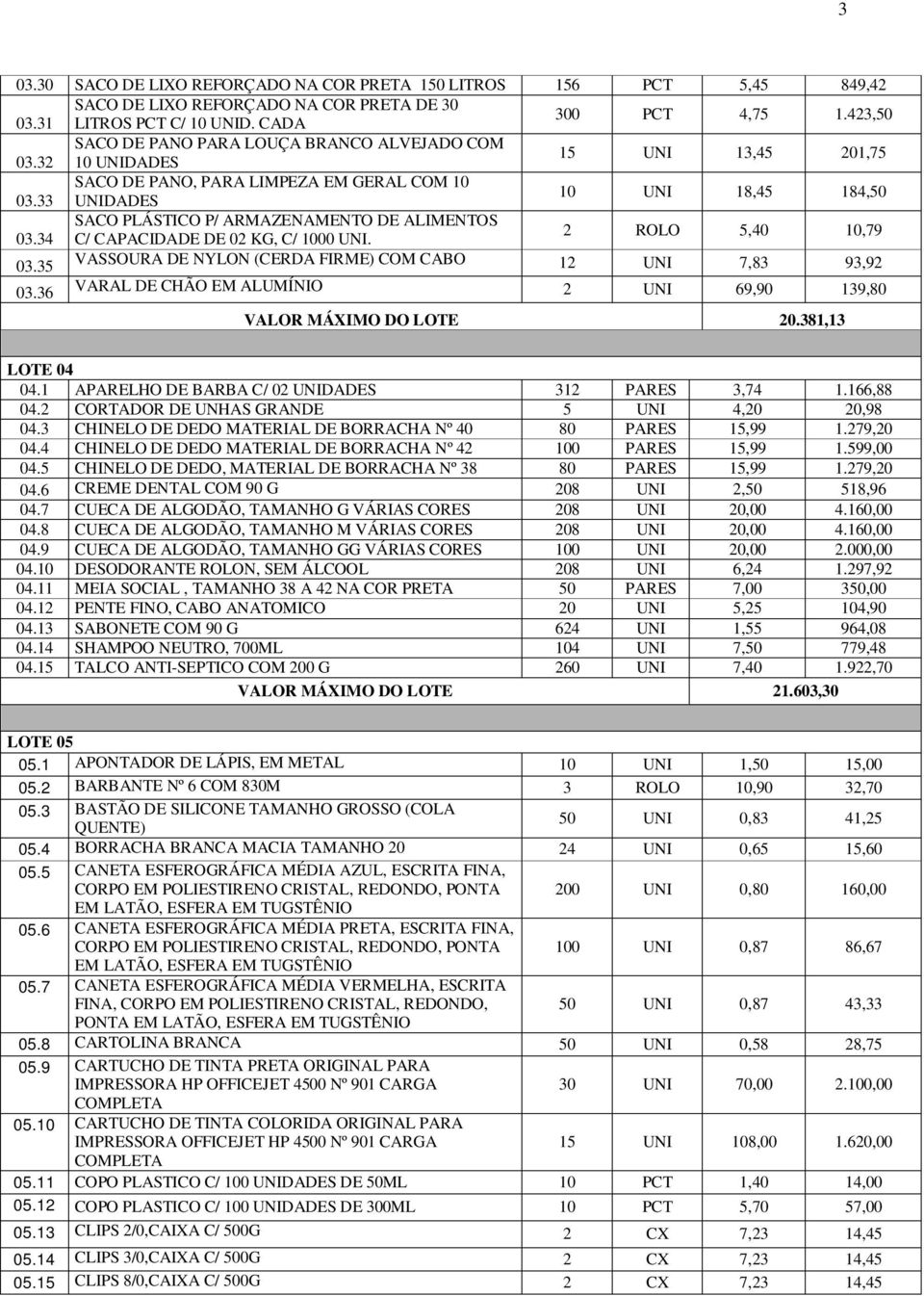 33 UNIDADES 10 UNI 18,45 184,50 SACO PLÁSTICO P/ ARMAZENAMENTO DE ALIMENTOS 03.34 C/ CAPACIDADE DE 02 KG, C/ 1000 UNI. 2 ROLO 5,40 10,79 03.