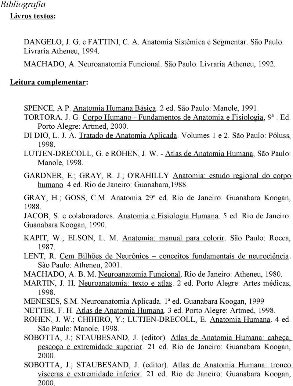 DI DIO, L. J. A. Tratado de Anatomia Aplicada. Volumes 1 e 2. São Paulo: Póluss, 1998. LUTJEN-DRECOLL, G. e ROHEN, J. W. - Atlas de Anatomia Humana, São Paulo: Manole, 1998. GARDNER, E.; GRAY, R. J.; O'RAHILLY Anatomia: estudo regional do corpo humano 4 ed.