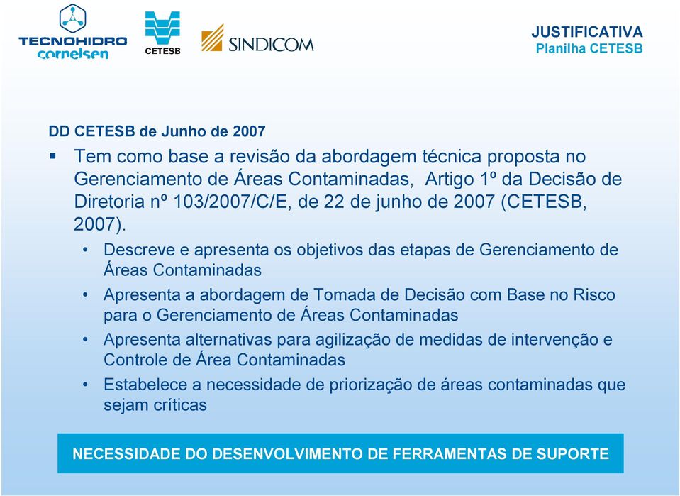 Descreve e apresenta os objetivos das etapas de Gerenciamento de Áreas Contaminadas Apresenta a abordagem de Tomada de Decisão com Base no Risco para o