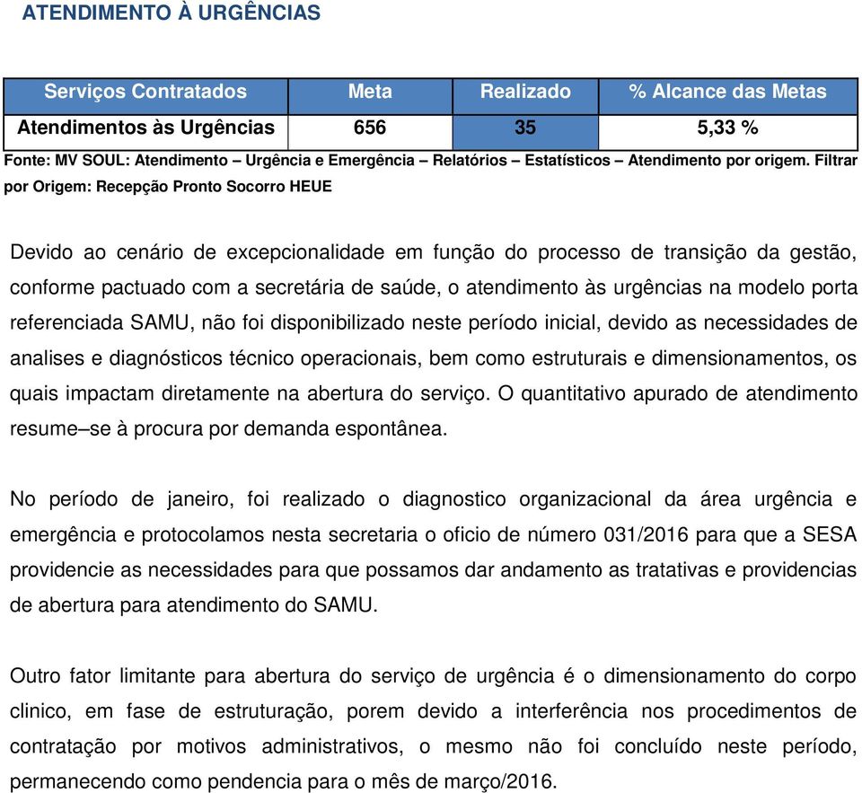 Filtrar por Origem: Recepção Pronto Socorro HEUE Devido ao cenário de excepcionalidade em função do processo de transição da gestão, conforme pactuado com a secretária de saúde, o atendimento às