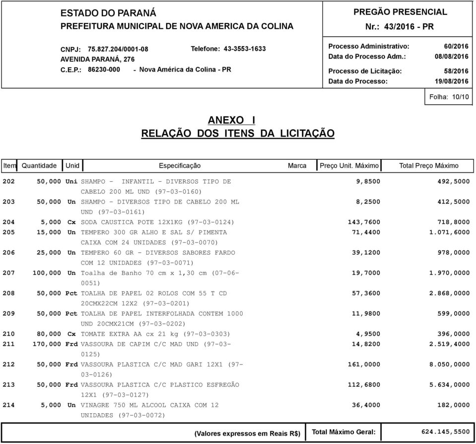 071,6000 CAIXA COM 24 UNIDADES (97-03-0070) 206 25,000 Un TEMPERO 60 GR - DIVERSOS SABORES FARDO 39,1200 978,0000 COM 12 UNIDADES (97-03-0071) 207 100,000 Un Toalha de Banho 70 cm x 1,30 cm (07-06-