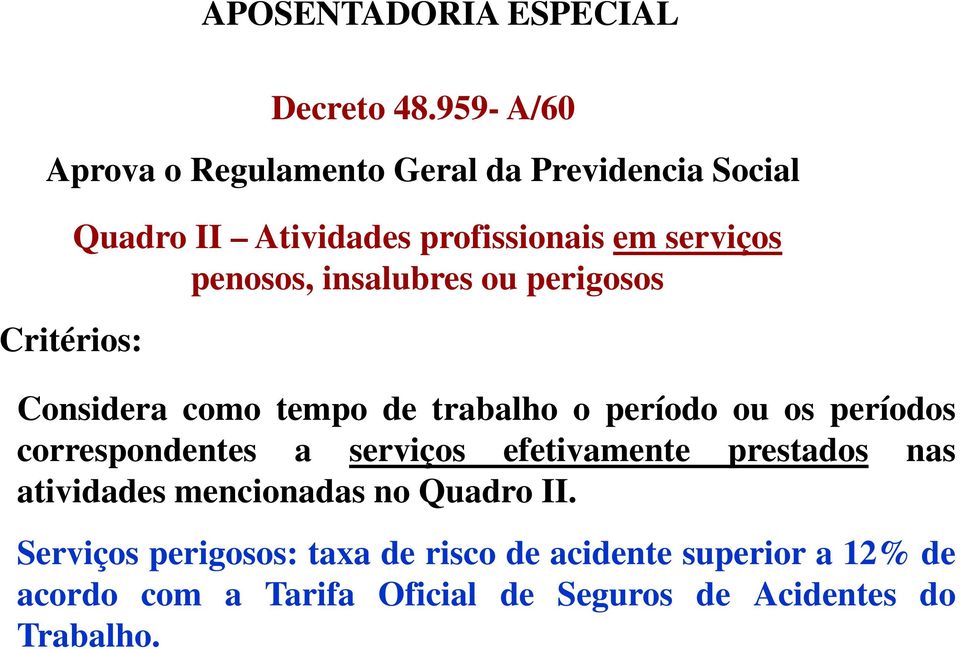 serviços penosos, insalubres ou perigosos Considera como tempo de trabalho o período ou os períodos correspondentes