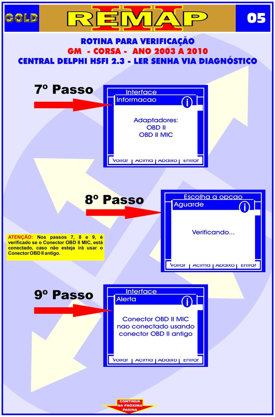 não esteja rá usar o Conector OBD II antgo. 8º Passo Aguarde Pergunta Brlho Luz nterna Verfcando.