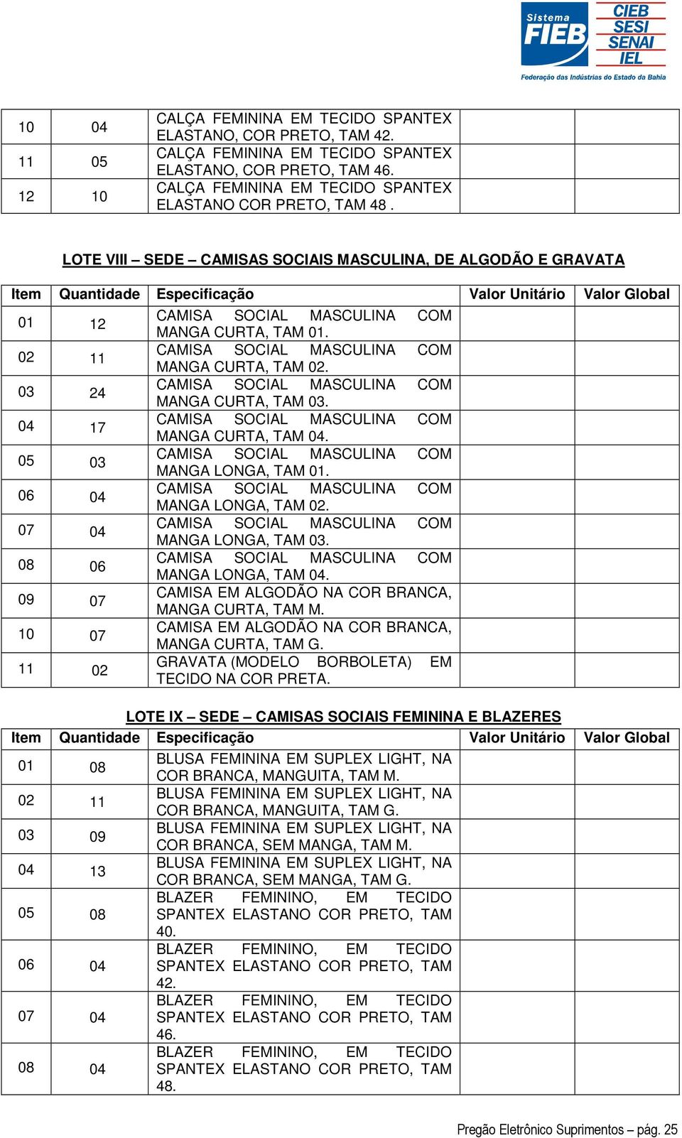 LOTE VIII SEDE CAMISAS SOCIAIS MASCULINA, DE ALGODÃO E GRAVATA Item Quantidade Especificação Valor Unitário Valor Global 01 12 02 11 03 24 04 17 05 03 06 04 07 04 08 06 09 07 10 07 11 02 CAMISA