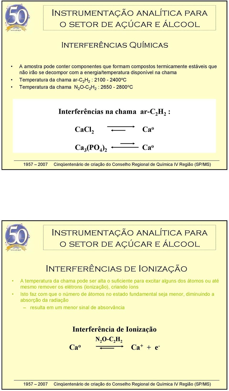 Interferências de Ionização A temperatura da chama pode ser alta o suficiente para excitar alguns dos átomos ou até mesmo remover os elétrons (ionização), criando íons Isto faz