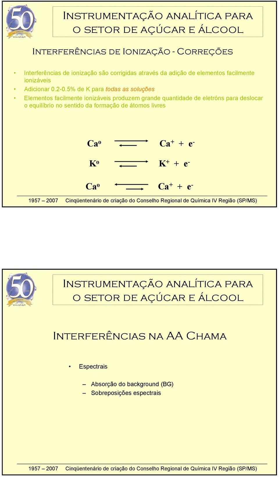 5% de K para todas as soluções Elementos facilmente ionizáveis produzem grande quantidade de eletróns para