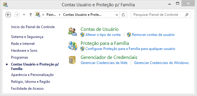 Clique em Contas Usuário e Proteção p/ Família será aberta a