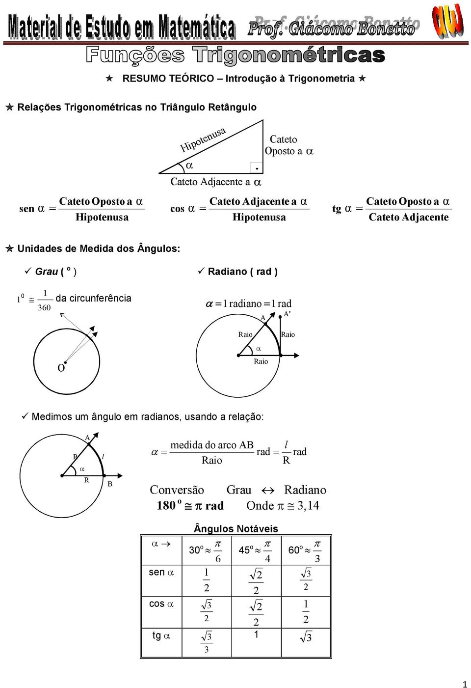 Ânguls: Grau ( ) Radian ( rad ) 0 da circunferência 0 a radian rad A A' O Rai a Rai Rai Medims um ângul em radians, usand a