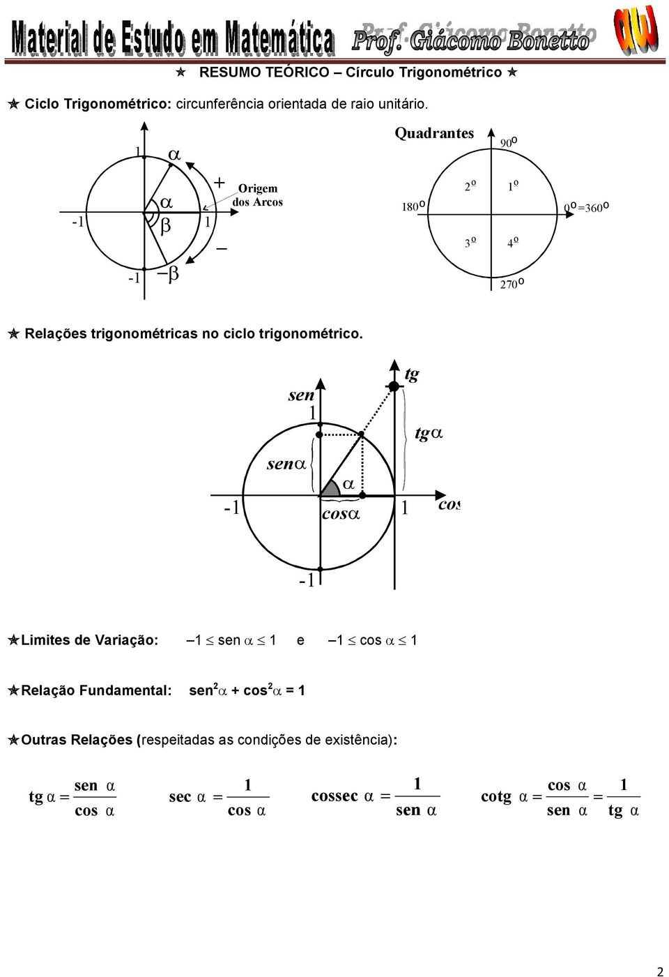 sen sen tg tg - cs cs - Limites de Variaçã: sen a e cs a Relaçã Fundamental: sen a + cs a = Outras