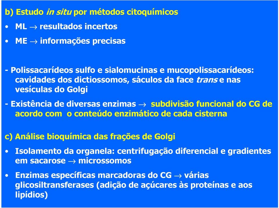 funcional do CG de acordo com o conteúdo enzimático de cada cisterna c) Análise bioquímica das frações de Golgi Isolamento da organela: