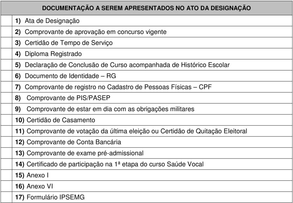 PIS/PASEP 9) Comprovante de estar em dia com as obrigações militares 10) Certidão de Casamento 11) Comprovante de votação da última eleição ou Certidão de Quitação Eleitoral 12)