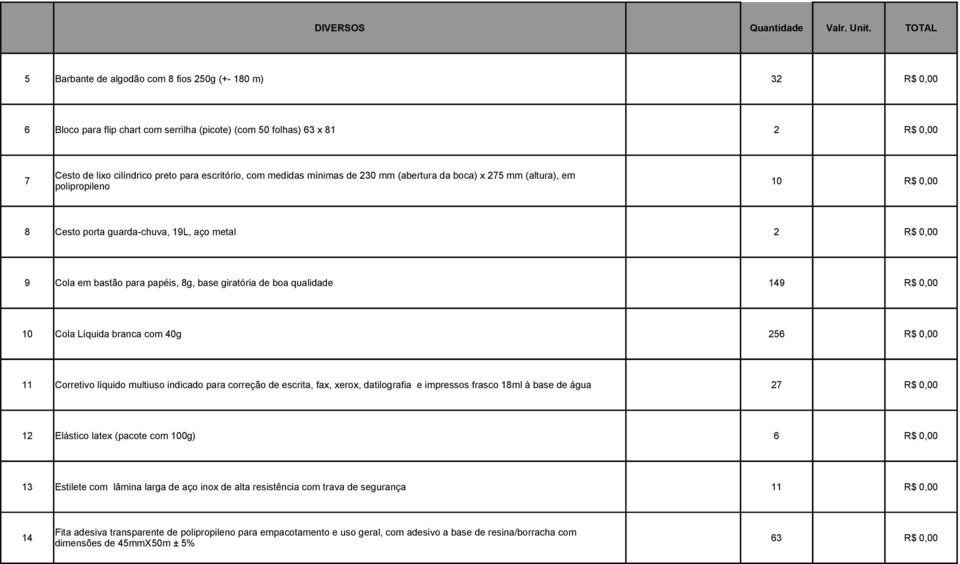 medidas mínimas de 230 mm (abertura da boca) x 275 mm (altura), em 7 10 R$ 0,00 polipropileno 8 Cesto porta guarda-chuva, 19L, aço metal 2 R$ 0,00 9 Cola em bastão para papéis, 8g, base giratória de