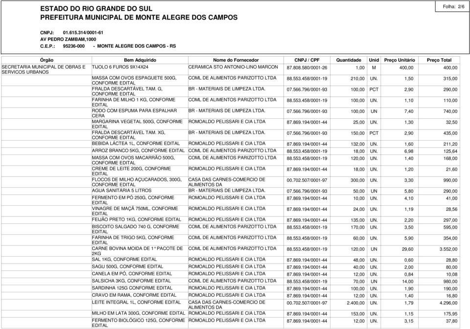 XG, CONFORME BEBIDA LÁCTEA 1L, CONFORME ARROZ BRANCO 5KG, CONFORME MASSA COM OVOS MACARRÃO 500G, CONFORME CREME DE LEITE 200G, CONFORME FLOCOS DE MILHO AÇUCARADOS, 300G, CONFORME AGUA SANITÁRIA 5