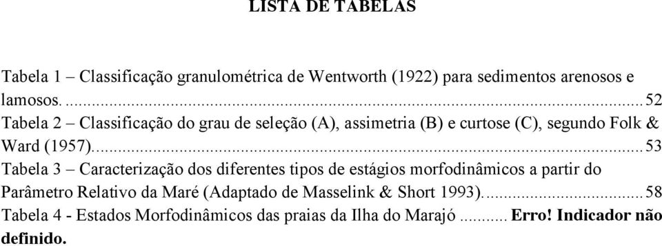 ... 53 Tabela 3 Caracterização dos diferentes tipos de estágios morfodinâmicos a partir do Parâmetro Relativo da Maré