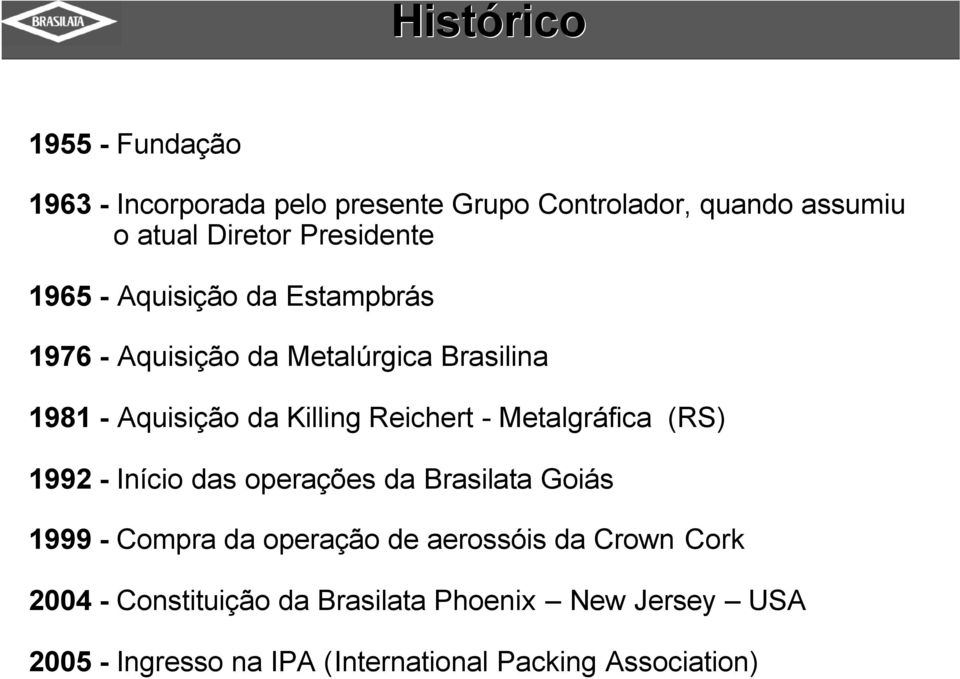 Reichert - Metalgráfica (RS) 1992 - Início das operações da Brasilata Goiás 1999 - Compra da operação de aerossóis