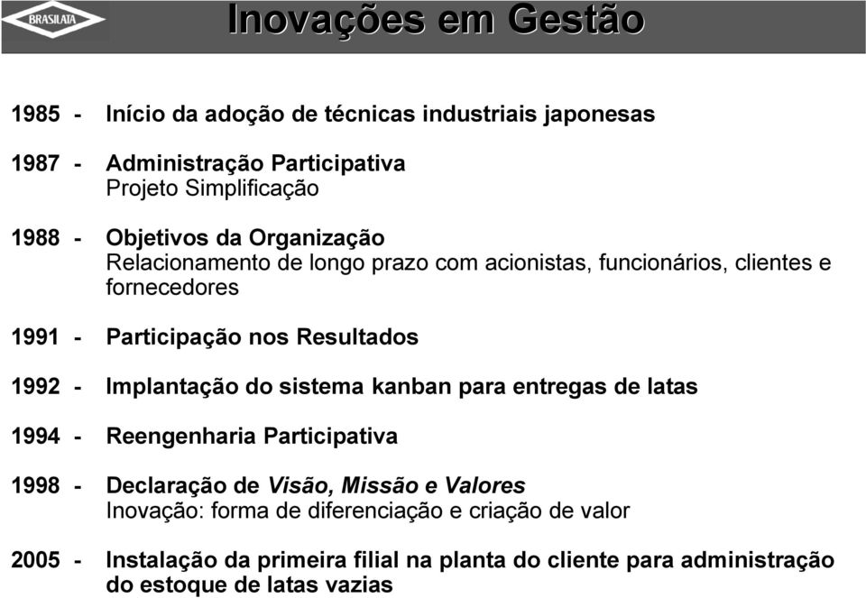 1992 - Implantação do sistema kanban para entregas de latas 1994 - Reengenharia Participativa 1998 - Declaração de Visão, Missão e Valores