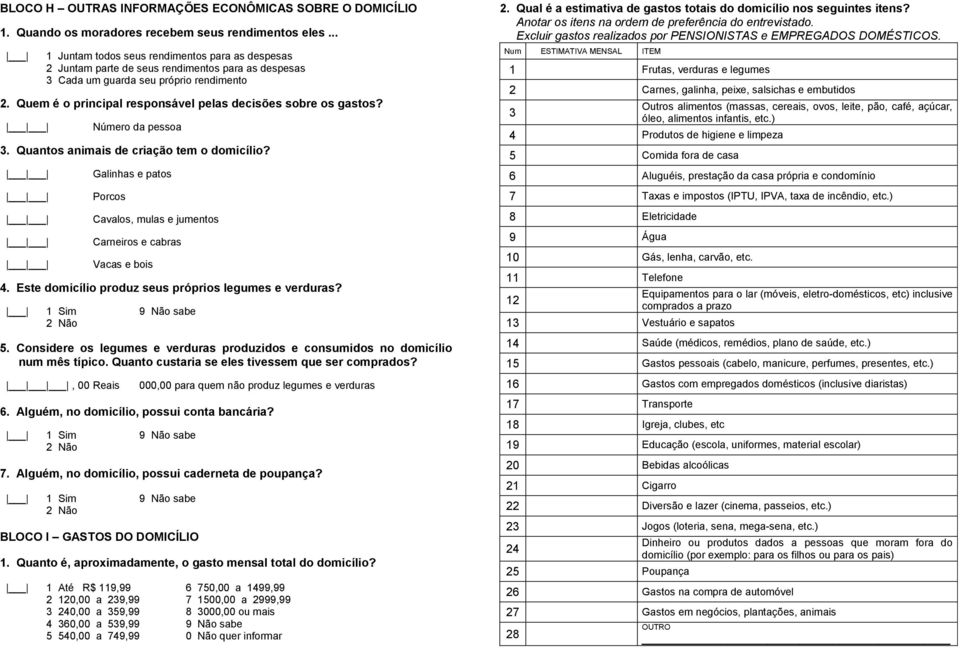 Quem é o principal responsável pelas decisões sobre os gastos? Número da pessoa. Quantos animais de criação tem o domicílio? Galinhas e patos.