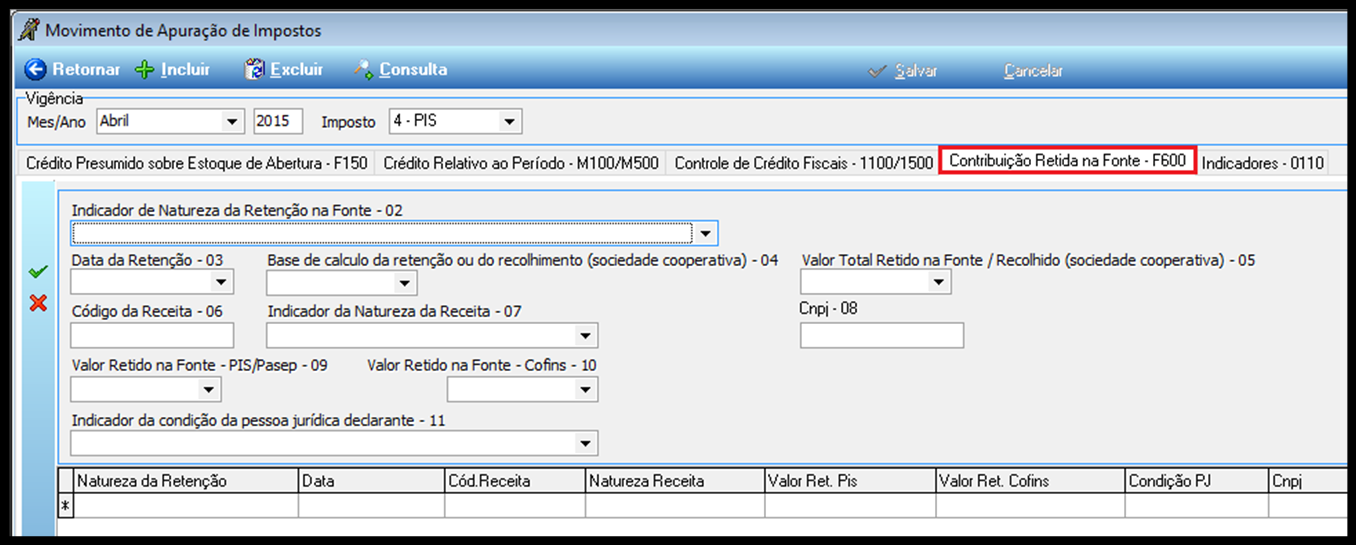 Figura 23. A aba Controle de Crédito Fiscais também deve ser preenchida tanto para ambos os impostos, Figura 23 Controle de Crédito Fiscal - PIS.