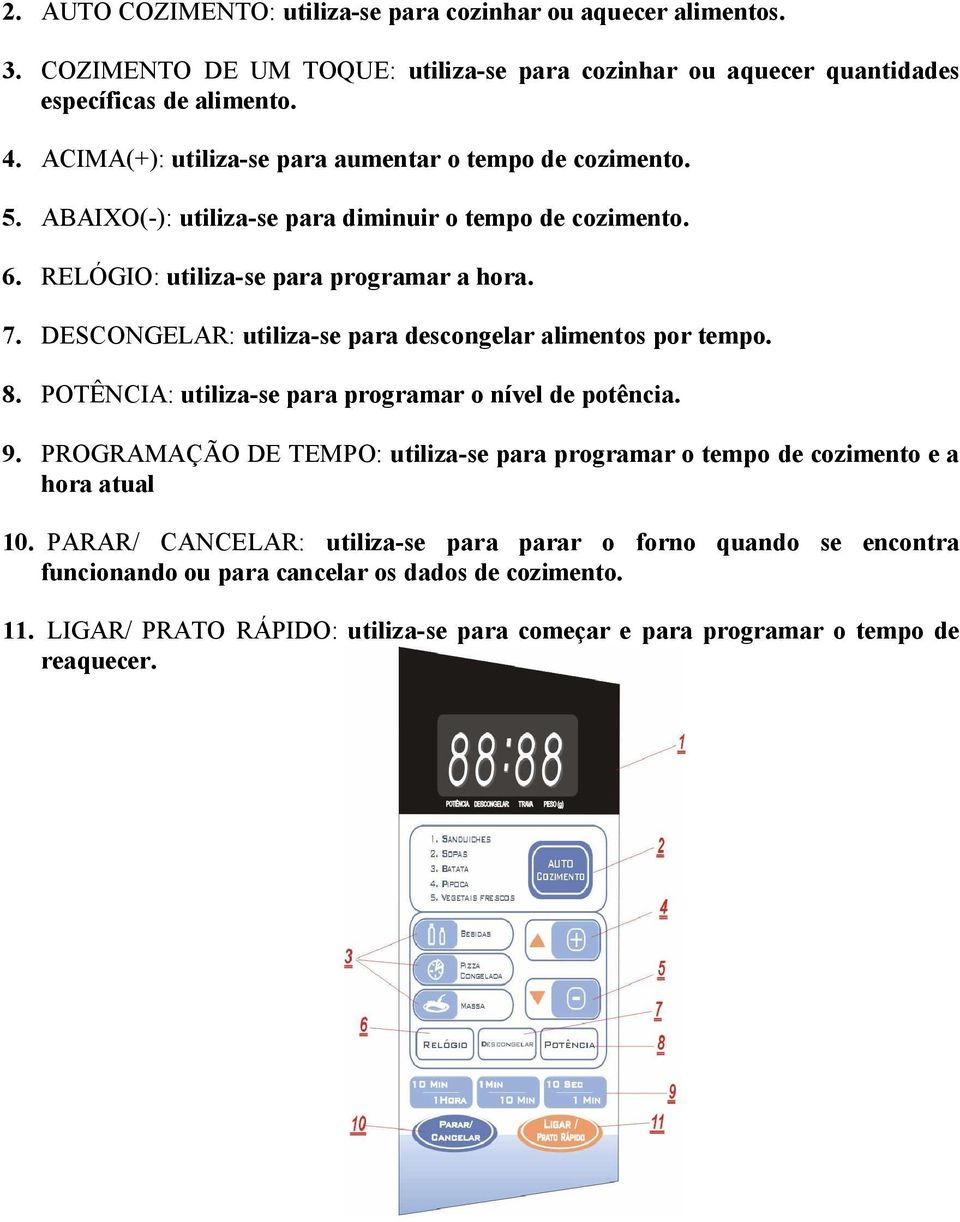 DESCONGELAR: utiliza-se para descongelar alimentos por tempo. 8. POTÊNCIA: utiliza-se para programar o nível de potência. 9.