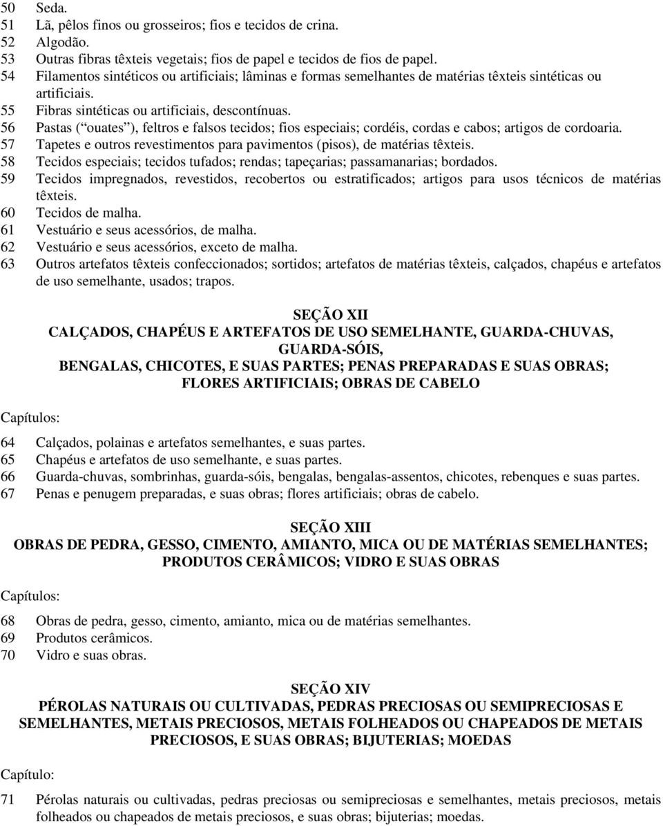 56 Pastas ( ouates ), feltros e falsos tecidos; fios especiais; cordéis, cordas e cabos; artigos de cordoaria. 57 Tapetes e outros revestimentos para pavimentos (pisos), de matérias têxteis.