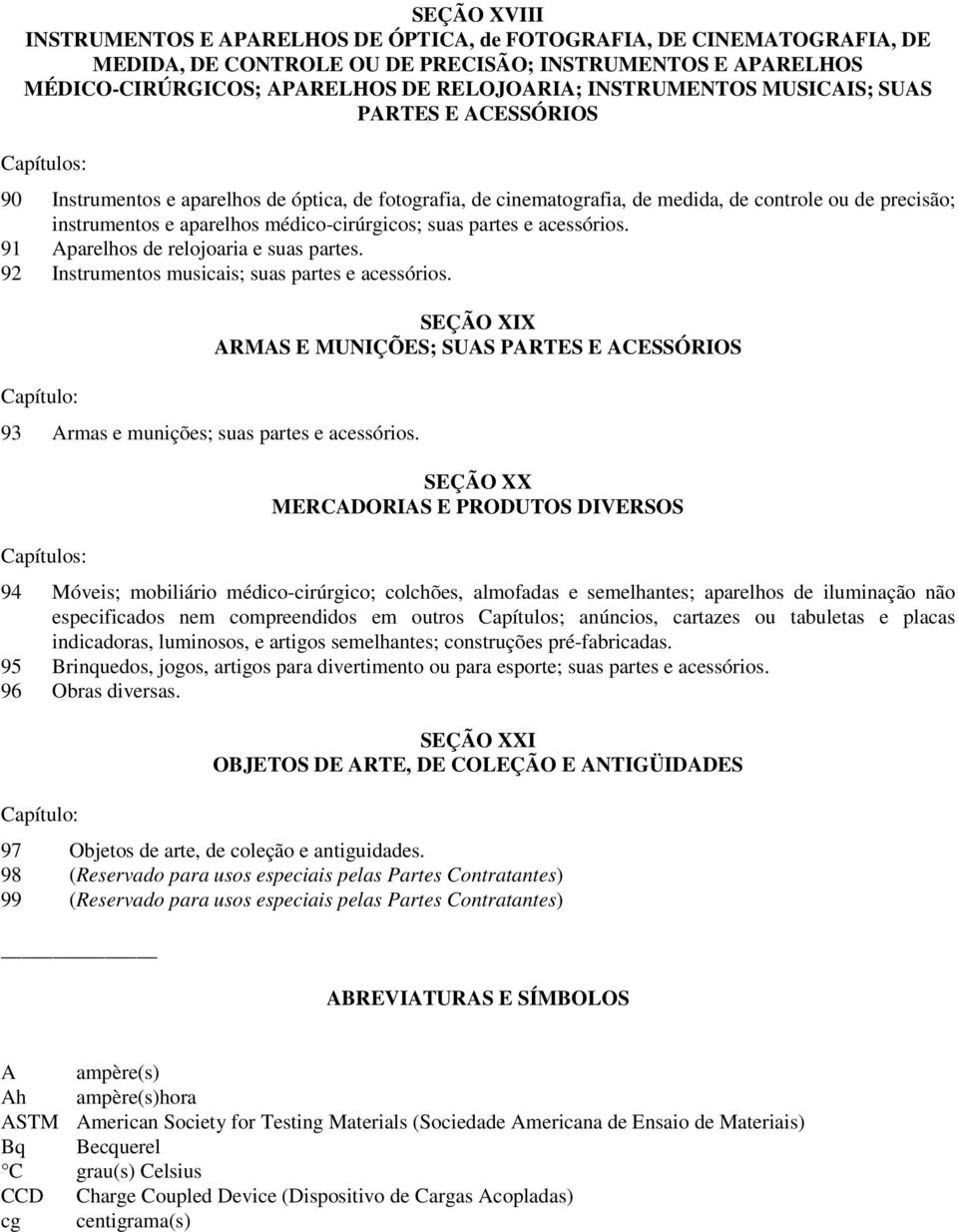 médico-cirúrgicos; suas partes e acessórios. 91 Aparelhos de relojoaria e suas partes. 92 Instrumentos musicais; suas partes e acessórios. Capítulo: 93 Armas e munições; suas partes e acessórios.