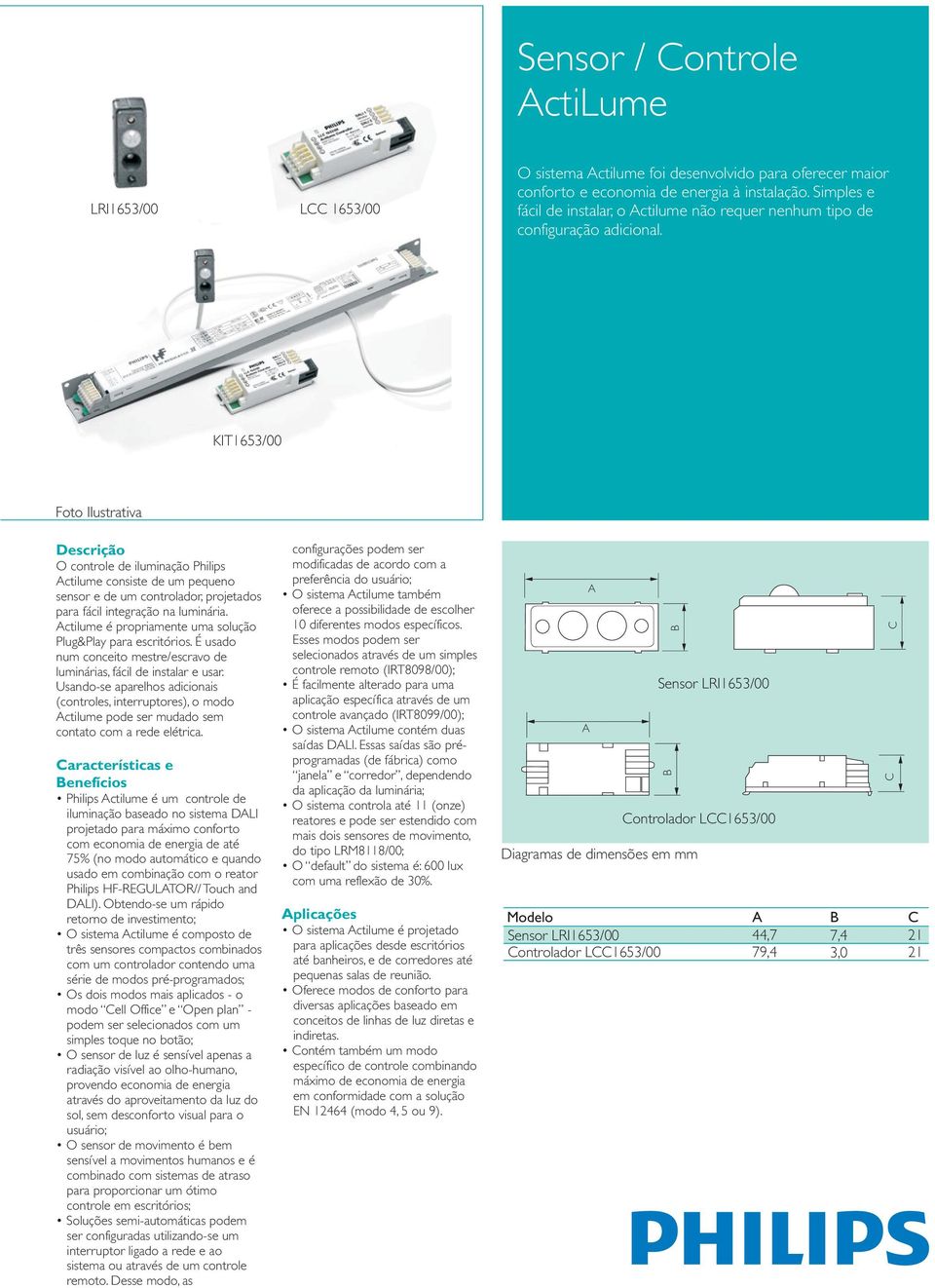 KIT653/00 Foto Ilustrativa Descrição O controle de iluminação Philips Actilume consiste de um pequeno sensor e de um controlador, projetados para fácil integração na luminária.