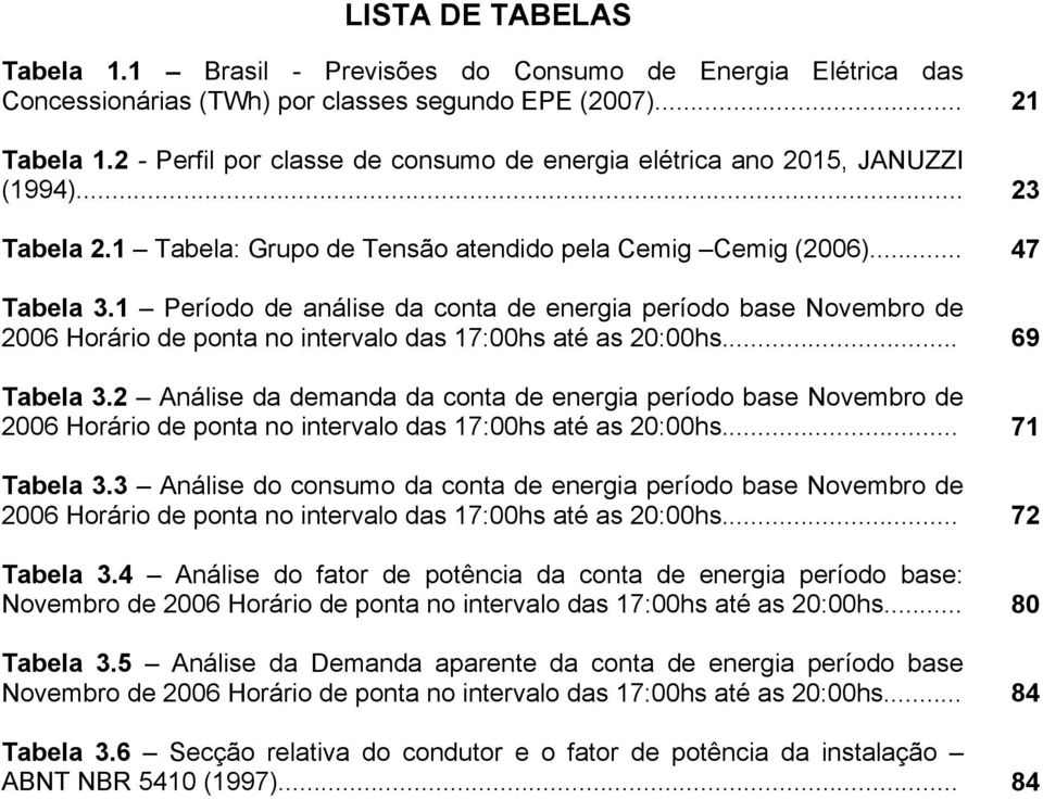 1 Período de análise da conta de energia período base Novembro de 2006 Horário de ponta no intervalo das 17:00hs até as 20:00hs... 69 Tabela 3.