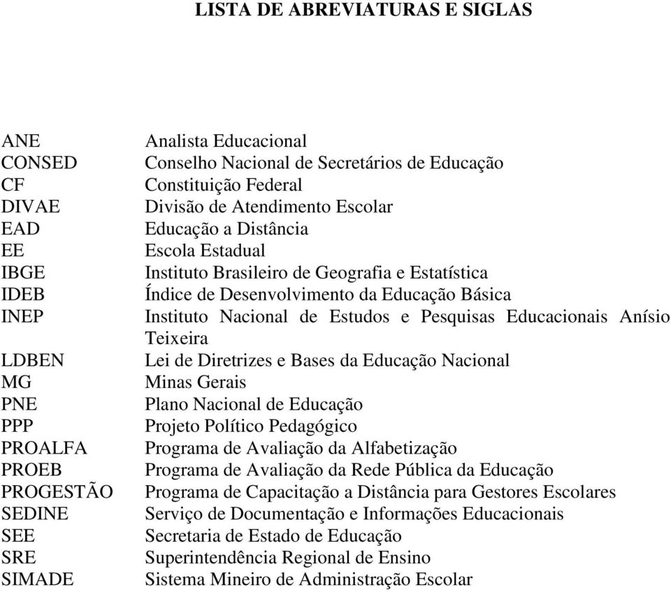 Instituto Nacional de Estudos e Pesquisas Educacionais Anísio Teixeira Lei de Diretrizes e Bases da Educação Nacional Minas Gerais Plano Nacional de Educação Projeto Político Pedagógico Programa de