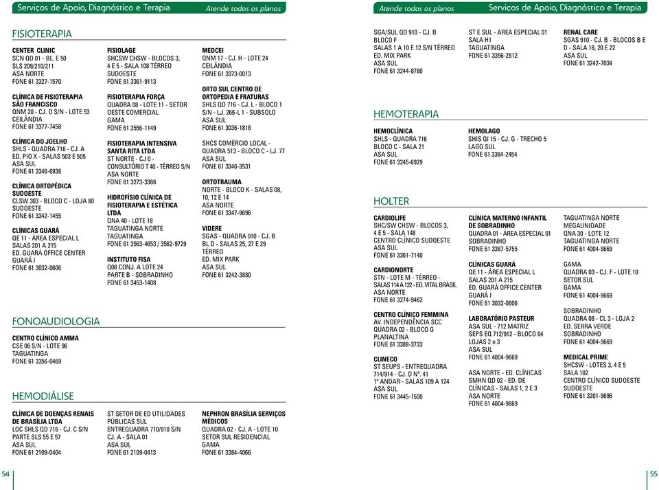 PIO X - SALAS 503 E 505 FONE 61 3346-6938 CLÍNICA ORTOPÉDICA CLSW 303 - BLOCO C - LOJA 80 FONE 61 3342-1455 FONOAUDIOLOGIA HEMODIÁLISE CLÍNICA DE DOENÇAS RENAIS DE LTDA LOC SHLS QD 716 - CJ.