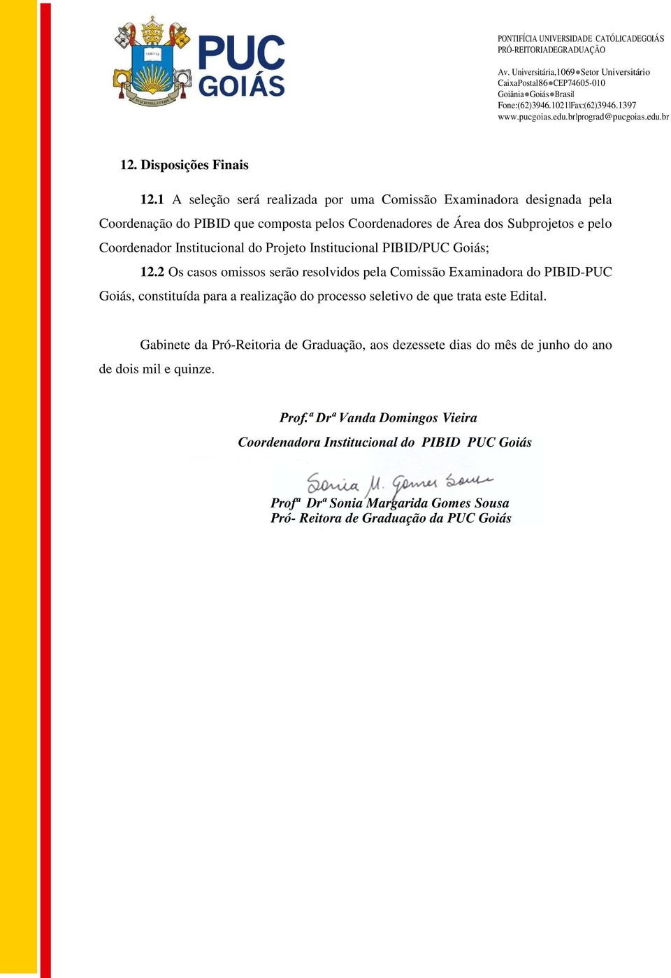 Institucional do Projeto Institucional PIBID/PUC Goiás; 12.