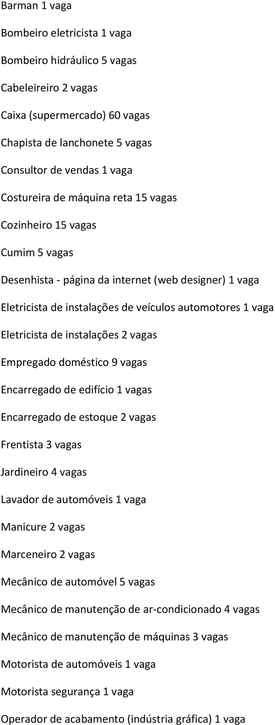 vagas Empregado doméstico 9 vagas Encarregado de edifício 1 vagas Encarregado de estoque 2 vagas Frentista 3 vagas Jardineiro 4 vagas Lavador de automóveis 1 vaga Manicure 2 vagas Marceneiro 2 vagas