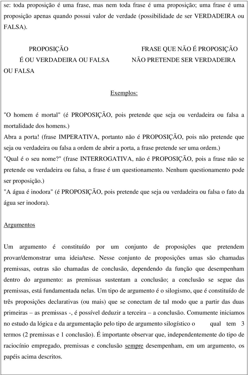 mortalidade dos homens.) Abra a porta! (frase IMPERATIVA, portanto não é PROPOSIÇÃO, pois não pretende que seja ou verdadeira ou falsa a ordem de abrir a porta, a frase pretende ser uma ordem.