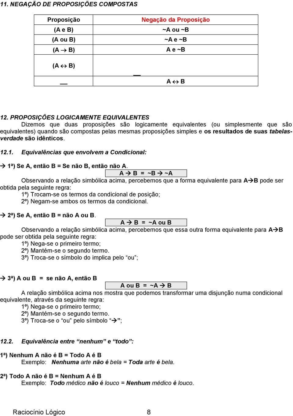 resultados de suas tabelasverdade são idênticos. 12.1. Equivalências que envolvem a Condicional: 1ª) Se A, então B = Se não B, então não A.