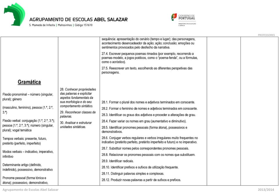 Reescrever um texto, escolhendo as diferentes perspetivas das personagens. Gramática Flexão pronominal número (singular, plural); género (masculino, feminino), pessoa (1.ª, 2.ª, 3.